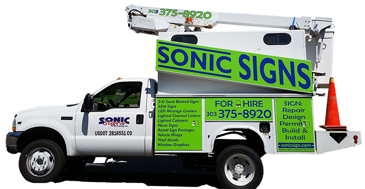Sonic Signs 34-foot bucket truck for sign installation